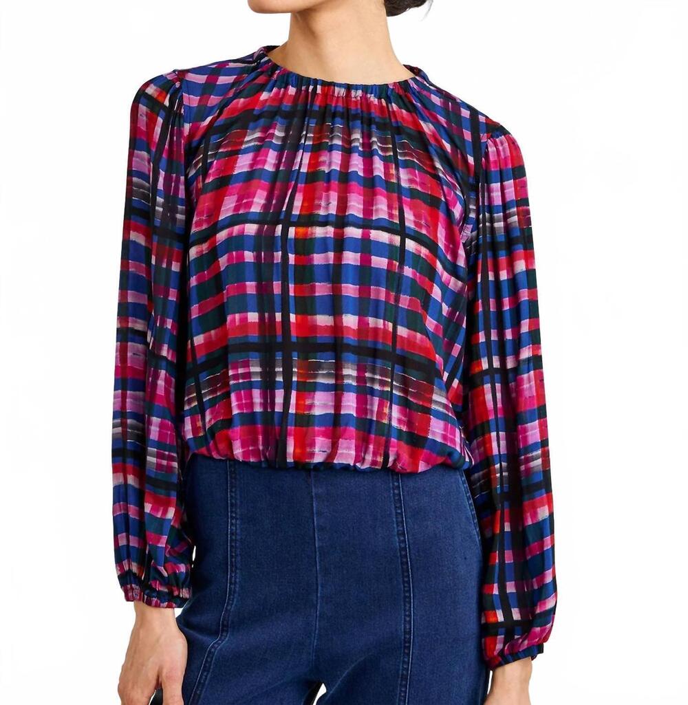 NEW BELLA DAHL elastic shirred top in winter plaid print